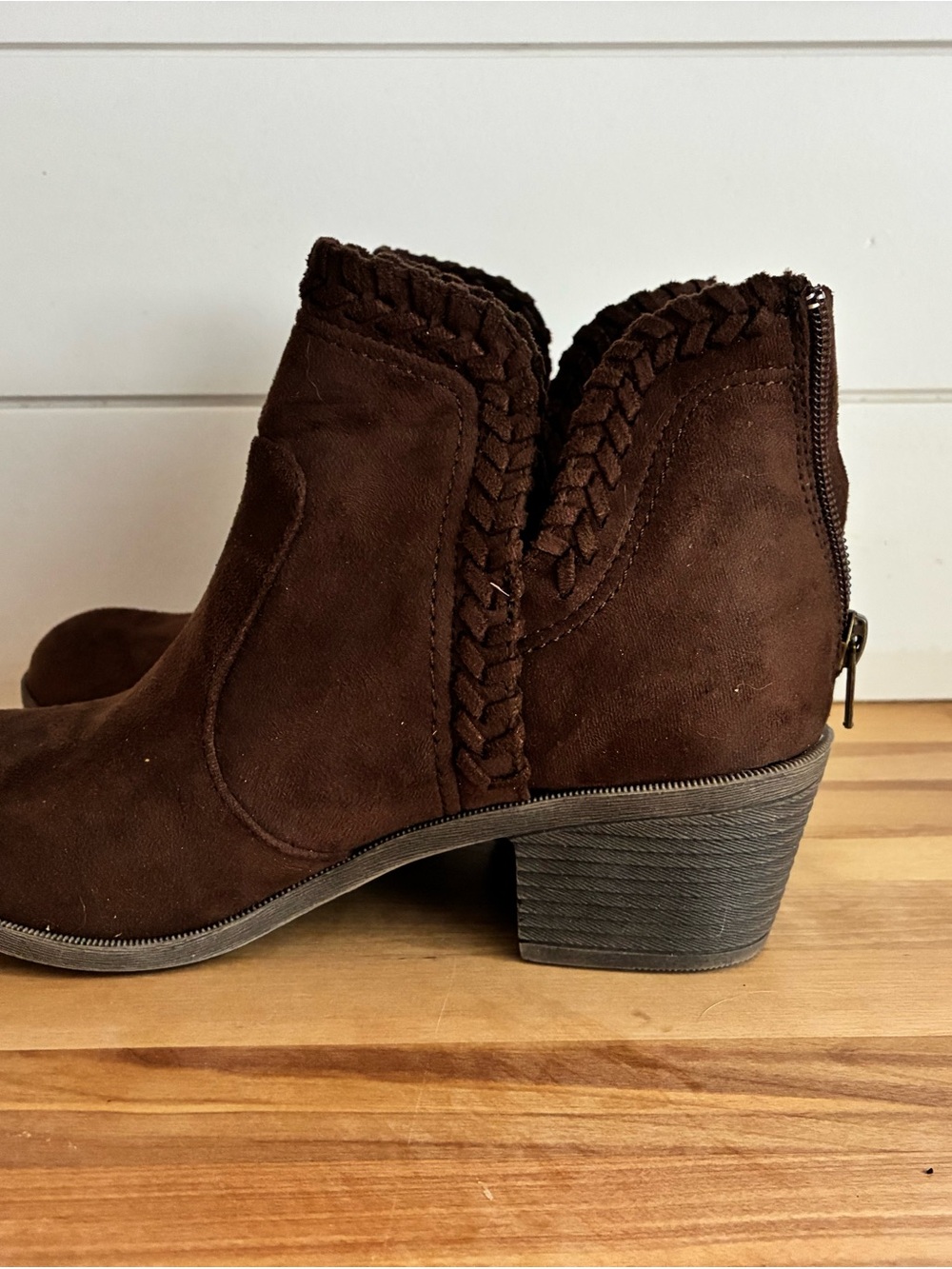 Braided Trim Brown Suede Ankle Booties